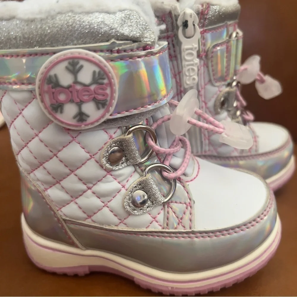 Totes  Galactica Baby Toddler Girls Sz 5 Waterproof Snow Boots White Silver Pink